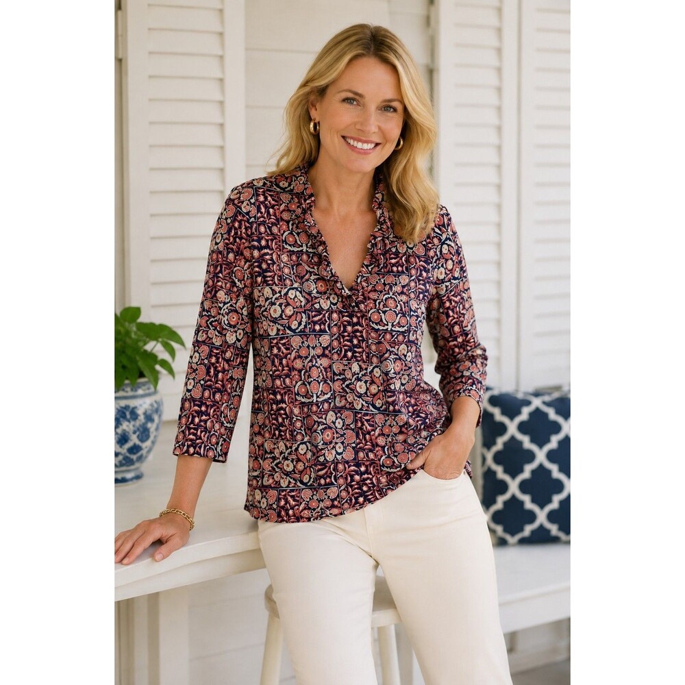 J. McLaughlin Durham Ruffle Top Size XL Paisley Floral Catalina Cloth 3/4 Sleeve